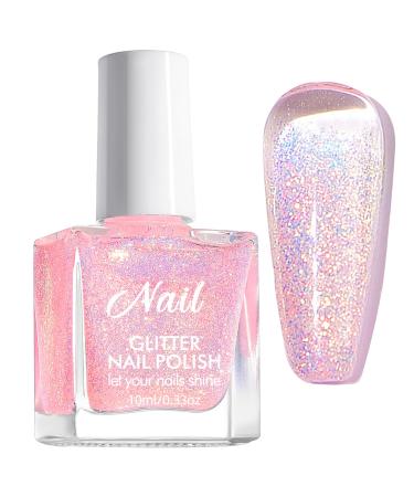 Glitter Nail Polish - Translucent Sparkly Nail Polish - Reflective Pink Nail Varnish - 60 Second Quick Dry Nail Polish - No Bake No Chip Breathable Nail Polish Long Last for Women