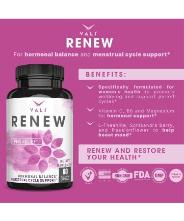 VALI Renew PMS Relief Supplement - Herbal Formula for Women's Menstrual Cycle Support Cramps & Mood Relief - 60 Veggie Capsules - Buy Online on GoSupps.com