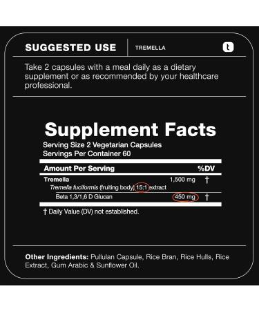 Tremella Mushroom Ultra High Potency 15:1 Extract with 30% Beta Glucans - Pure & Concentrated Formula - Third-Party Lab Tested for Purity & Quality - 120 Capsules 120 Count (Pack of 1) - Buy Online on GoSupps.com