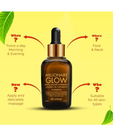 Dr Crazy Millionaire Glow Serum - Snail Mucin & Vitamin C Face Serum for Women | Jojoba Oil & Vitamin E | 30ml - Brighten & Hydrate Skin - Buy Online on GoSupps.com