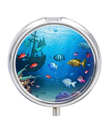 Pill Box Pill Case 3 Compartment Travel Pill Box Ocean Underwater Fish Printing Small Pill Box Portable Medicine Pill Case Pill Organizer for Purse & Pocket for Travel Handbag (Round)
