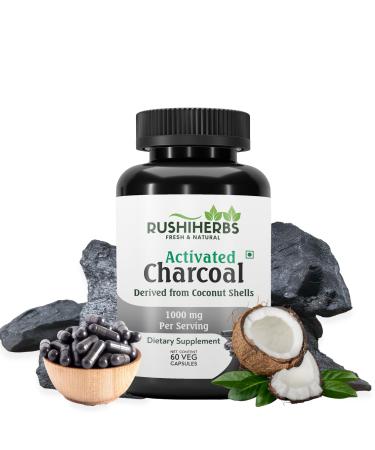 RUSHIHERBS Activated Charcoal 500 mg Highly Absorbent Supports Relief of Occasional Gas & Bloating from Coconut Shells 60 Veg Capsules