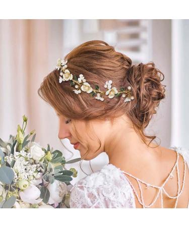 IYOU Bridal Wedding Hair Vines Gold Flower Headband Leaf Pearl Headpiece Bridesmaid Bride Hair Accessories for Women - Buy Online on GoSupps.com