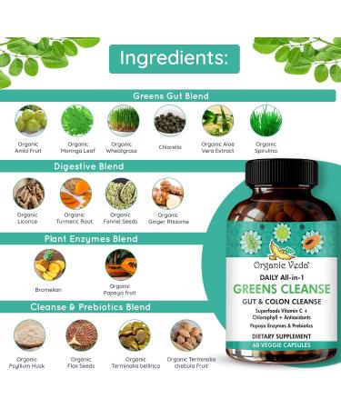 Daily All-in-1 Greens Cleanse - Organic Gut Health & Colon Cleanse Capsules with Amla Moringa Psyllium Husk & Prebiotics - Digestive Health Formula 60 Capsules - Buy Online on GoSupps.com