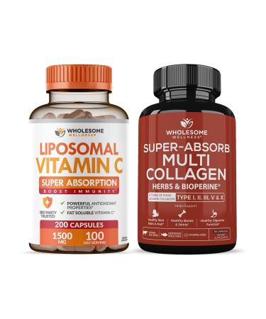 Wholesome Wellness Liposomal Vitamin C Capsules (200 Pills 1500mg Buffered) + Super-Absorb Multi Collagen Pills (Type I II III V X) Organic Herbs and Bioperine Bundle