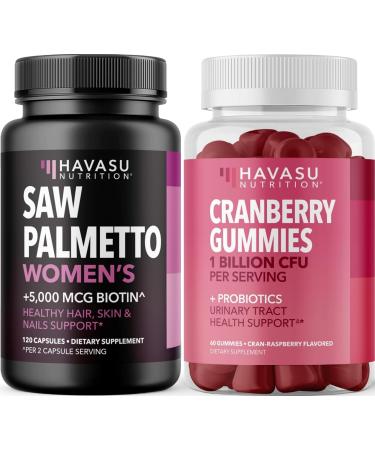 HAVASU NUTRITION Probiotic Cranberry Gummies for Women (30 Servings) & Saw Palmetto for Women Hair Complex (60 Servings)
