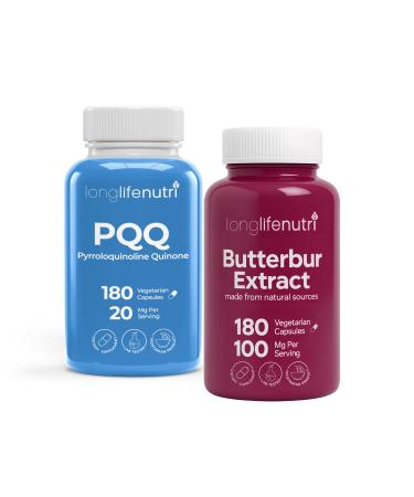 LongLifeNutri PQQ 20 mg + Butterbur Extract 100 mg Bundle - 180 + 180 Vegetarian Capsules 6-Month Supply Mental Performance & Neural Calm GMP Certified Made in USA