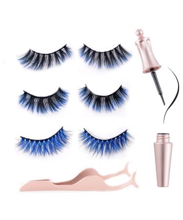 miaowang 6D Magnetic Blue Eyelashes and Magnetic Eyeliner Kit 3 Style with Tweezers (Blue)