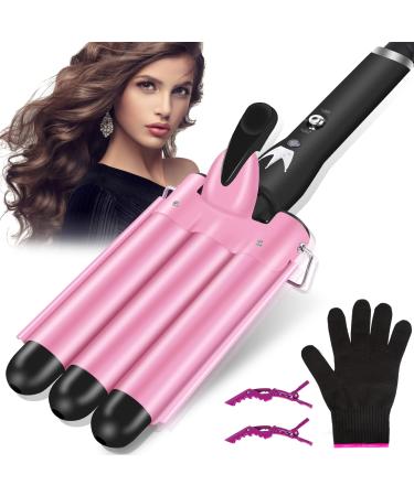 3 Barrels Hair Curler - 25mm Curling Iron Tongs Hair Waver Mermaid Waves Wand Beach with 2 Temperature Control Quick Heating for Long or Short Styling 25mm Pink