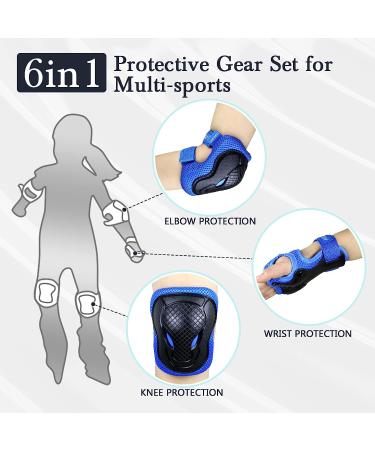 Kids Protective Gear Set - Blue Medium (7-14Years) for Scooter, Skateboard, Bicycle - Knee Pads, Elbow Pads, Wrist Guards - AresKo Youth 6 in 1 Set - Buy Online on GoSupps.com