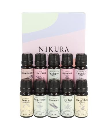Nikura Top 10 Essential Oil Gift Set - 10 x 10ml | Essential Oils for Diffuser for Home Christmas Skin Cleaning Aromatherapy Lavender Oil for Sleep | Lemon Peppermint Tea Tree | Pure & Natural 10 Set - Top 10