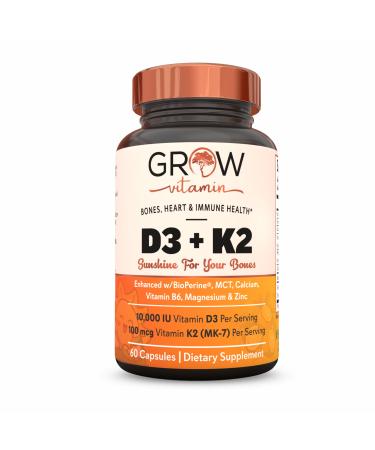 grow vitamin D3 K2 w/MCT Oil - 10 000 IU D3 100 mcg K2 MK7 Calcium Zinc BioPerine Magnesium for Superior Absorption - 60 Capsules