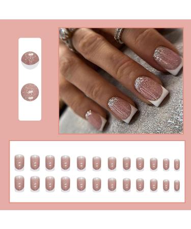French False Nails Square 24Pcs White Glitter French Nail Tips Press On with Nail Glue, Acrylic Stick for Women & Girls - Nail Art - Buy Online on GoSupps.com