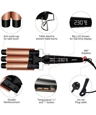 Janelove 3 Barrel Hair Curler Set - LCD Display, 19mm to 25mm, 180-450 F Temp Adjustment (Gold) - Buy Online on GoSupps.com