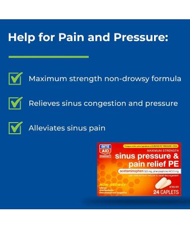 Rite Aid Sinus Pressure and Pain Reliever PE - 24 Tablets | Non-Drowsy Sinus & Pain Relief for Adults - Buy Online on GoSupps.com