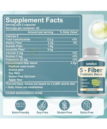 SXNWSN Fiber Supplement 5-Fiber (Soluble & Insoluble) Prebiotic Formula with Psyllium Seed Husks Acacia Gum Apple Fiber and More - Digestion Health Support | 90 Capsules - Buy Online on GoSupps.com