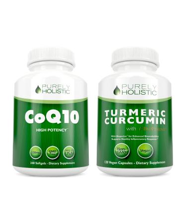 CoQ10 100mg + Organic Turmeric Curcumin 700mg with Bioperine Black Pepper - 120 Softgels & 120 Capsules - 95% Curcuminoids - Made in USA