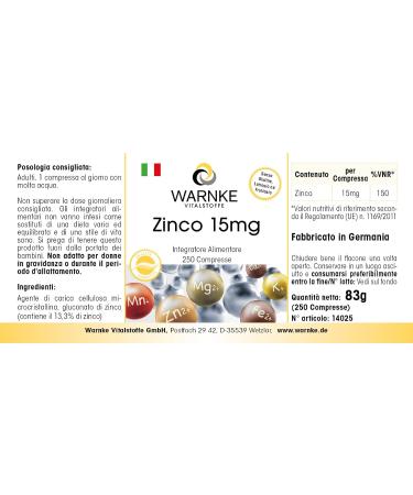 Zinc 15 mg - 250 tablets organic form in the form of zinc gluconate trace element vegan | Warnke Vitalstoffe - Quality from German pharmacies - Buy Online on GoSupps.com