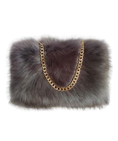 FHQHTH Faux Fox Fur Purse Fuzzy Handbags for Women Evening Handbags Al alloy Shoulder Strap Grey