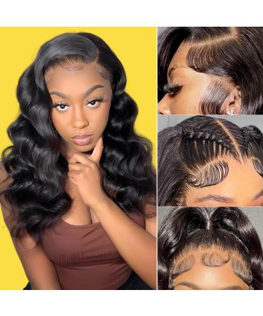 UYGLJK 13x4 Lace Front Wigs Human Hair Bob Wigs for Black Women  180% Density Body Wave Lace Front Wigs Human Hair Pre Plucked 16 inch Brazilian Glueless Frontal Wigs Human Hair 16 Inch Natural Black Body Wave Wig