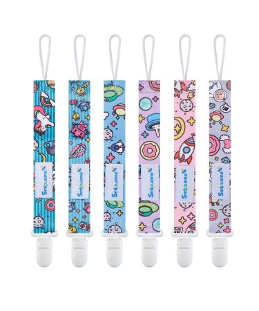 Smlpuame baby pacifier chain 6 pieces BPA-free pacifier band fabric girl pacifier chain nuckel chain fit most pacifiers and bite toys dummy clips for baby (travel in space) space