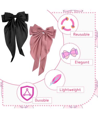 2Pcs Big Bow Hair Clips for Women - Black+Pink French Hair Barrettes with Long Ribbon - Soft Satin Hair Bows for Girls - Buy Online on GoSupps.com