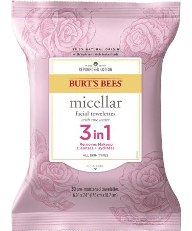 Burt's Bees 3-In-1 Micellar Facial Towelettes With Rosewater 30 Pre-Moistened Towelettes