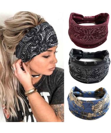 Summer Bohemian Bandanas Elastic Hair Bands Yoga Exercise Cotton Headband Women Headwear Print Vintage Cross Unisex Scrunchies Hair Accessories (Black) - Buy Online on GoSupps.com