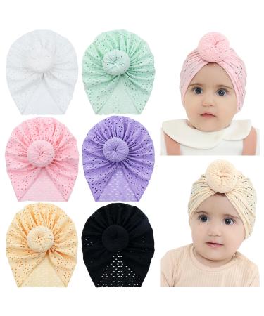 Cinaci 6 Pieces Cute Stretchy Soft Baby Turban Hats with Bow Donut Knot Nursery Hospital Caps Beanies Bonnets for Baby Girls Newborns Infants Toddlers 6PCS S5