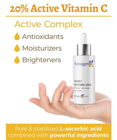 Soniagenix Brightening 20% Vitamin C Serum for Face Anti Aging with Pure L-ascorbic acid Antioxidant Collagen Stimulating Hydrating & Brightening for Dry Skin Fine Lines and Wrinkles 1 fl oz - Buy Online on GoSupps.com