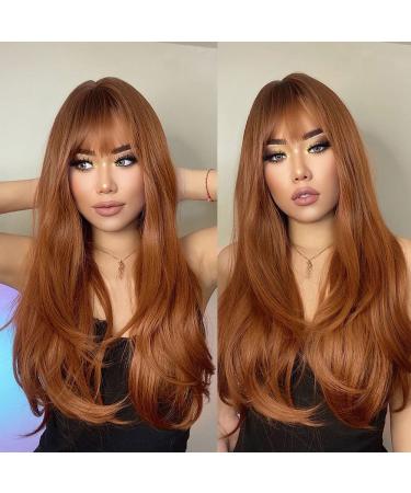luoyancy Copper Ginger Wigs With Bangs  Auburn Long Natural Straight Layered Synthetic Hair For Women Dark Red Brown Realistic Wig 26 Inch