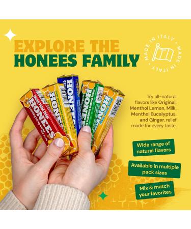 Honees Filled Menthol Cough Drops, Honey, Menthol & Eucalyptus Cough Drops- Natural Sore Throat Relief - Nothing Artificial -Throat Lozenges, Non-GMO (6 Pack 54 Drops) Eucalyptus 6 Pack-54 Drops - Buy Online on GoSupps.com