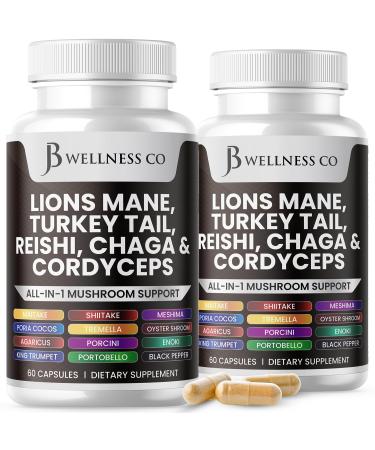 Lions Mane Supplement Cognitive Support Immune Health with Turkey Tail 20in1 Mushroom Reishi Cordyceps Chaga with Marshmallow Root - 120 Count 120 Capsules (Pack of 2)