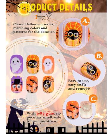 128 Pieces Halloween Artificial Nails for Kids | Ebanku Press-On Nail Art | Spider Pumpkin & Skull Designs for Girls - Buy Online on GoSupps.com