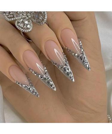 BABALAL Long Stiletto Press on Nails Sliver French Tip Fake Nails Glitter Glue on Nails Rhinestone Almond Acrylic Nails Manicure Nails for Women and Girls FNI16sliver