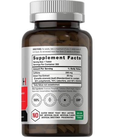 Caffeine Pills 200mg with Green Tea Extract | 300 Vegetarian Tablets | Non-GMO & Gluten Free by Horbaach - Buy Online on GoSupps.com