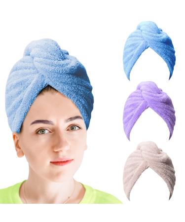 Fodofodo 3 Pack Microfiber Hair Towel 10 X 26 inch Quick Drying Towels Turban Wrap Super Absorbent Twist Turban Dry Hair Caps Super Soft Dry Hair Caps for Women (Blue+Purple+Brown)
