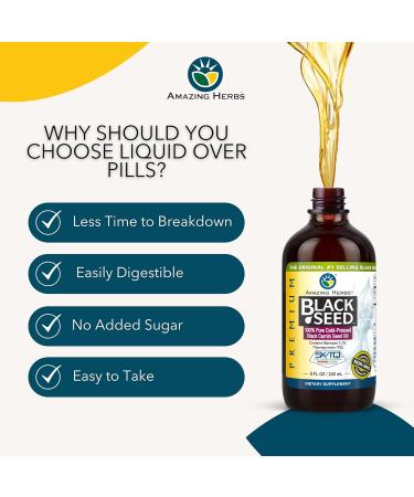 Amazing Herbs Premium Black Seed Oil - Gluten Free, Non GMO, Cold Pressed Nigella Sativa Aids in Digestive Health, Immune Support, Brain Function - 8 Fl Oz - Buy Online on GoSupps.com