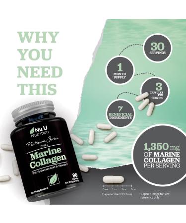 Marine Collagen with Hyaluronic Acid Vitamin C - 90 Hydrolyzed Capsules (not Tablets) - Premium High Strength Collagen Supplements for Women & Men - Type 1 Marine Collagen - Nu U Nutrition - Buy Online on GoSupps.com