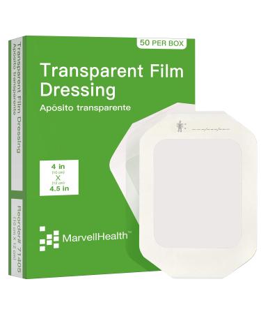 MarvellHealth Transparent Film Dressing 4 x 4.5, Pack of 50 Individual Sterile Pads, Waterproof Bandages, Highly Breathable & Comfortable, Post Surgical, Shower & IV Shield, Tattoo Aftercare 4x4.5