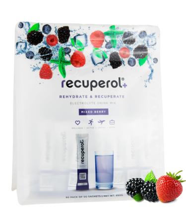 Recuperol Rehydration & Recovery Electrolytes Powder Supplement for Dehydration Replace Electrolytes (Mineral Salts) & fluids Zinc Vitamin C B12 D3 Potassium Mixed Berry - 90 Sachets