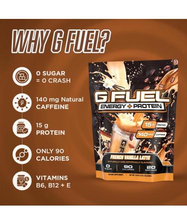 G Fuel Protein + Energy Drink Powder, Pre Workout Caffeine Mix for Gaming, Sugar Free Focus Amino, Vitamin + Antioxidants, 19oz (French Vanilla Latte, 20 Servings) - Buy Online on GoSupps.com
