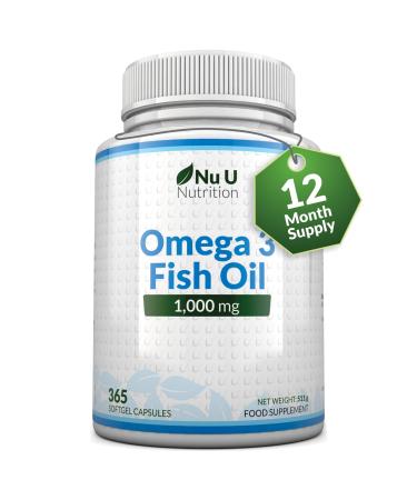 Omega 3 Fish Oil 1000mg - 365 Softgel Capsules - Up to 12 Month s Supply - Pure Fish Oil with Balanced EPA & DHA - Contaminant Free Omega 3 - Made in The UK by Nu U Nutrition