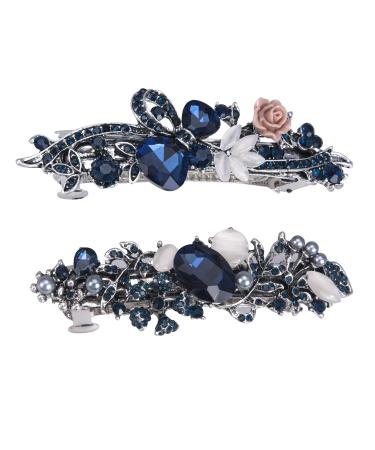 HOYOEY 2 Pieces Vintage Leafy Barrette Large Hair Clip Retro French Silver Crystal Barrette Rhinestone Flower Hair Clips Hair Accessary