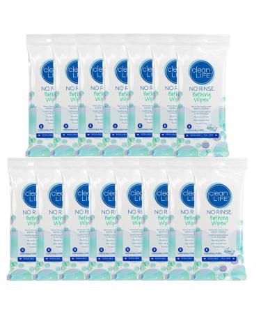 No-Rinse Bathing Wipes by Cleanlife Products (15 Pack), Premoistened and Aloe Vera Enriched for Maximum Cleansing and Deodorizing - Microwaveable, Hypoallergenic, Rinse-Free and Latex-Free (8 Wipes)