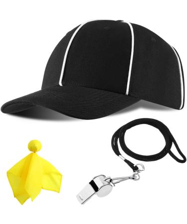 Adjustable Black with White Stripes Soccer Cap, Official Referee Hat and Stainless Steel Whistle with Lanyard for Football Refs, Umpires, Linesman