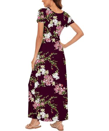 Women's YUNDAI Floral Maxi Dress | Summer Maternity Casual | Short Sleeve, Plus Size | Pocket Detail | Wine Red - Buy Online on GoSupps.com