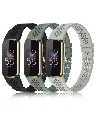 3 Pack Slim Sport Bands Compatible with Fitbit Luxe Band for Women Soft Silicone Lace Thin Hollow-Out Replacement Wristbands Breathable Bands for Fitbit Luxe Fitness Smart Watch Suits for 5.6"-7.1" Wrists D-Black/Stone Gray/Green