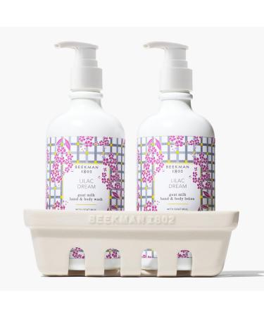 Beekman 1802 Hand Wash & Lotion Ceramic Caddy Set - 12.5 oz Each - Deeply Cleanses & Hydrates Dry Hands - With Goat Milk - Good for Sensitive Skin - Cruelty Free Lilac Dream