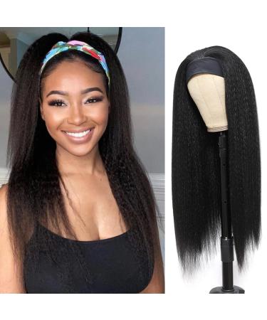 14Inch Kinky Straight Headband Wigs for Black Women Yaki Straight Headband Wig Glueless None Lace Front Synthetic Wig (#1B) 14 Inch 1B#